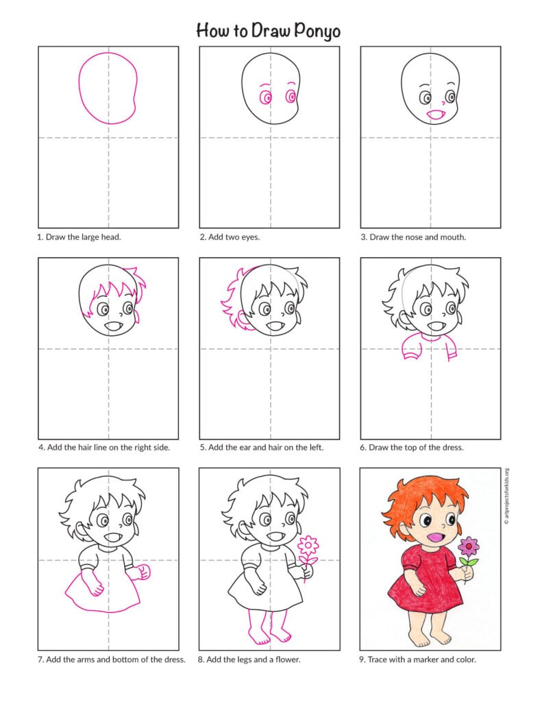 Preview of a step-by-step studio ghibli ponyo drawing tutorial for kids