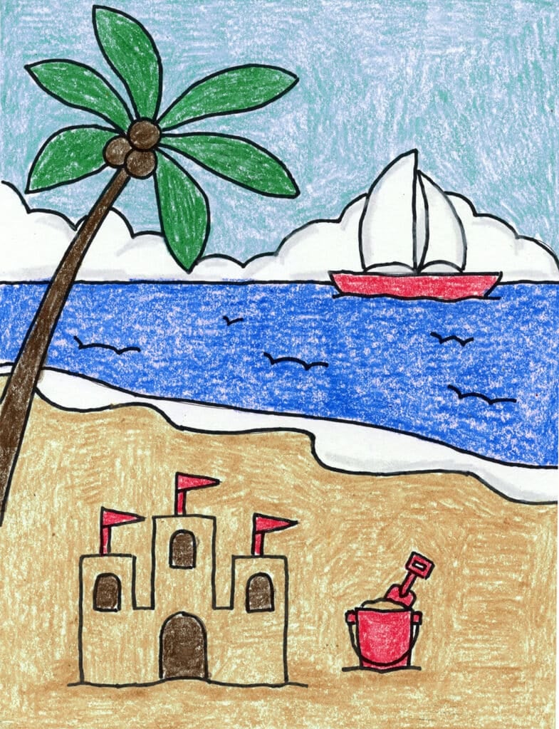 Finished summer drawing with beach scene, boat, palm tree, sandcastle and bucket.
