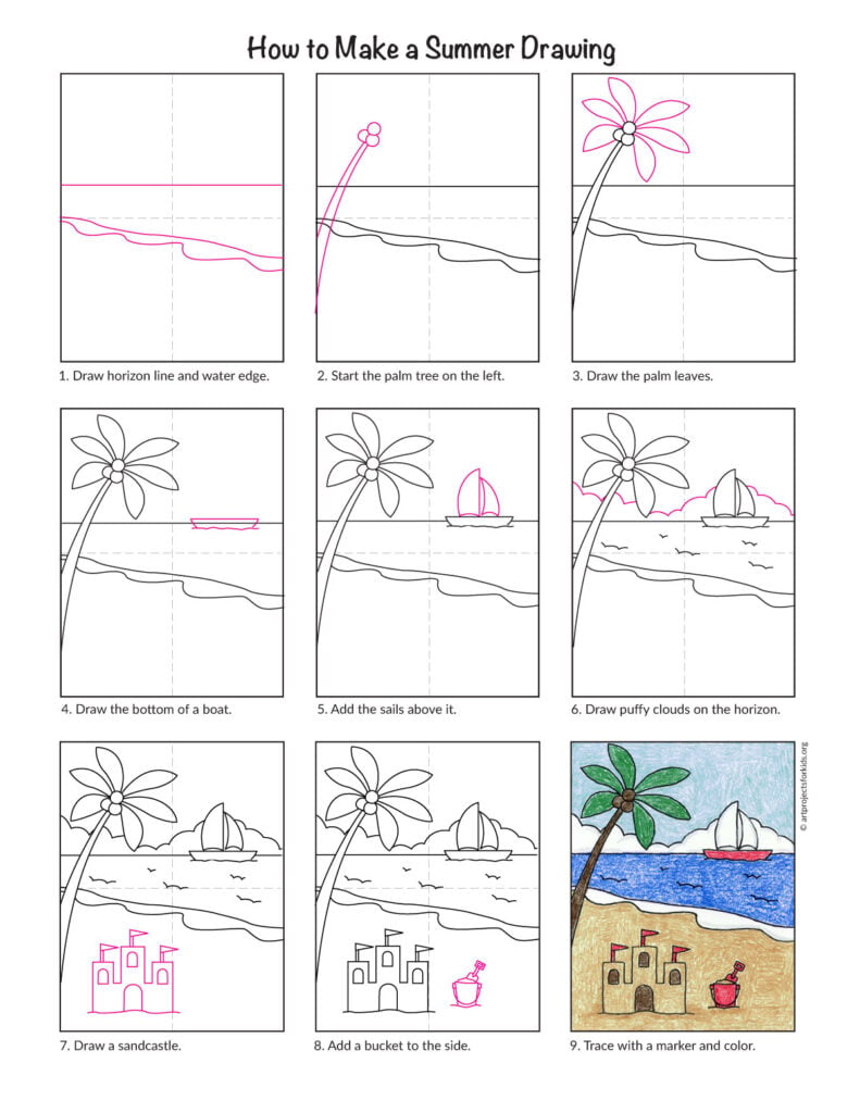 Step-by-step summer drawing tutorial preview for kids.