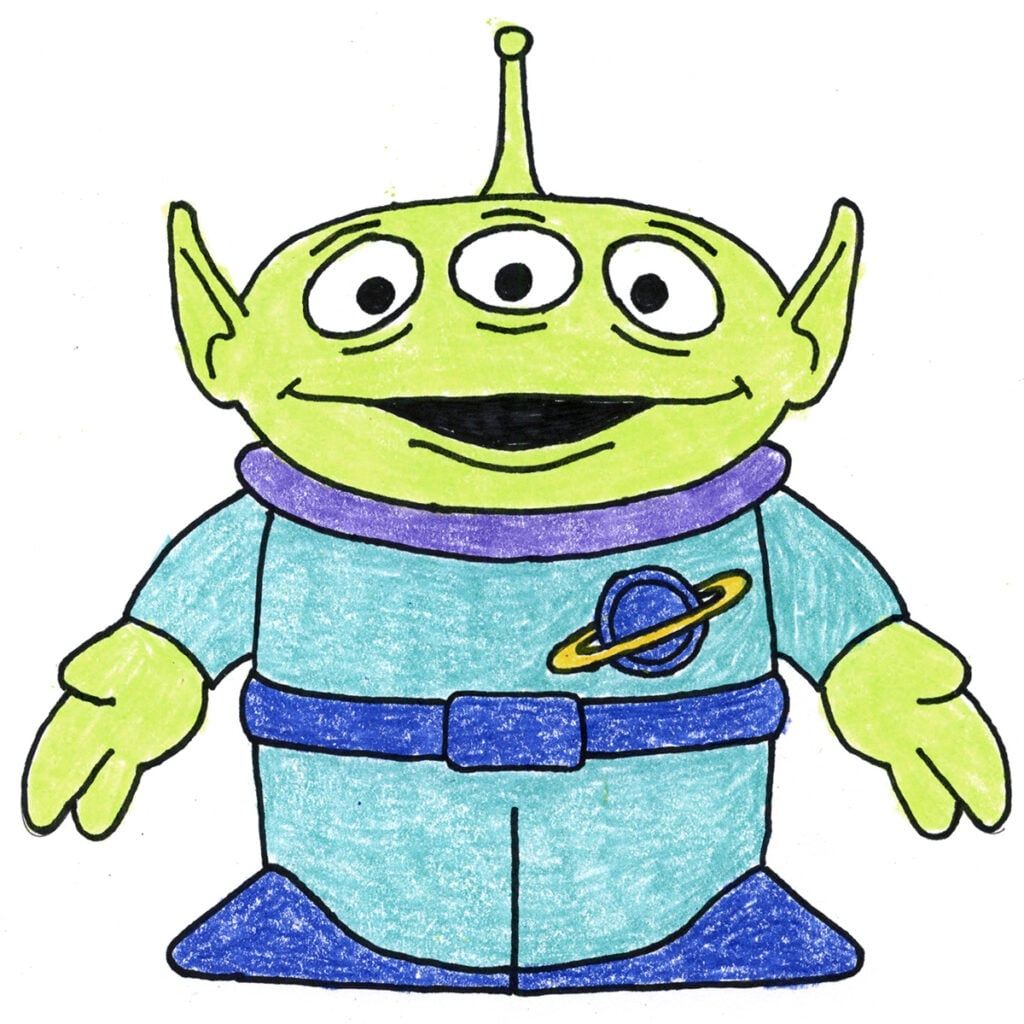 Finished Toy Story alien drawing colored with green skin and blue space suit
