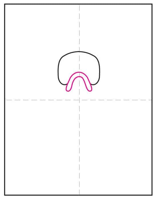 Step two of the Heihei drawing tutorial showing how to add the snood below the head.
