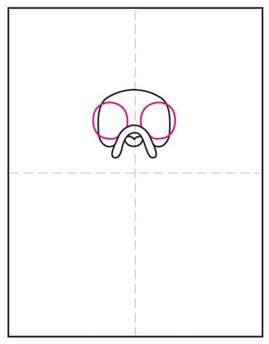 Step three of the Heihei drawing lesson showing how to add two large cartoon eyes.