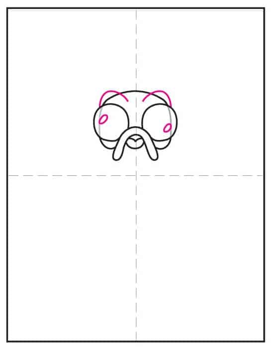 Step four of the Heihei drawing tutorial showing how to draw two curved eyebrows.