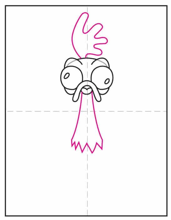 Step six of the Heihei drawing tutorial showing how to draw the comb and neck.