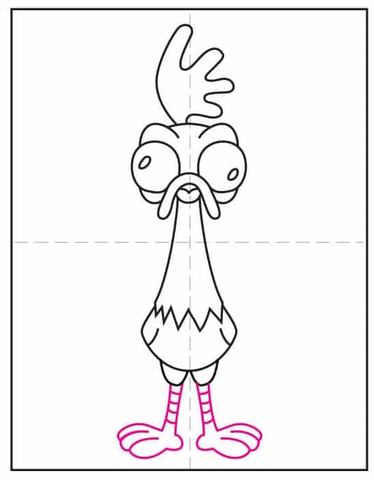Step seven of the Heihei drawing tutorial showing how to draw two feet.
