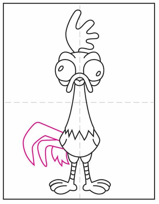 Step eight of the Heihei drawing tutorial showing how to draw the tail feathers.