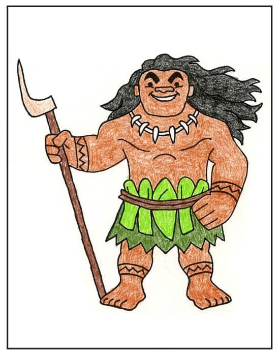 Trace and color Maui from Moana with bold lines, tattoos, hair, and clothing.