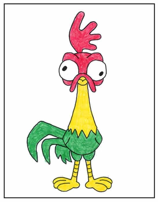 Step nine of the Heihei drawing tutorial showing how him colored with crayons.