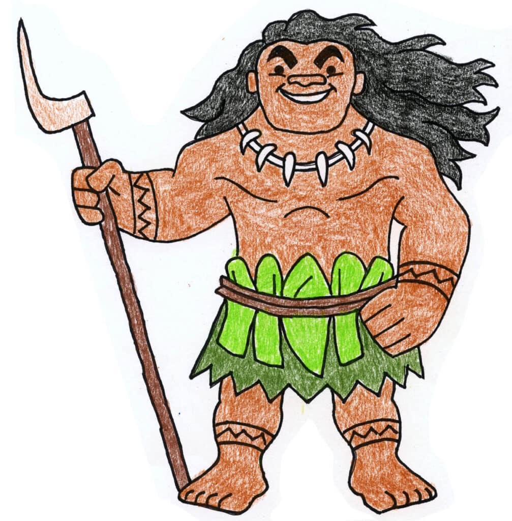 Finished draw Maui from Moana art lesson for kids with tattoos, clothing, and fish hook.