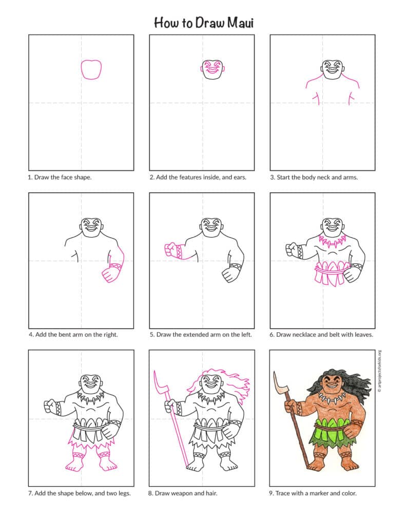 Step-by-step draw Maui tutorial preview for an easy elementary art lesson.