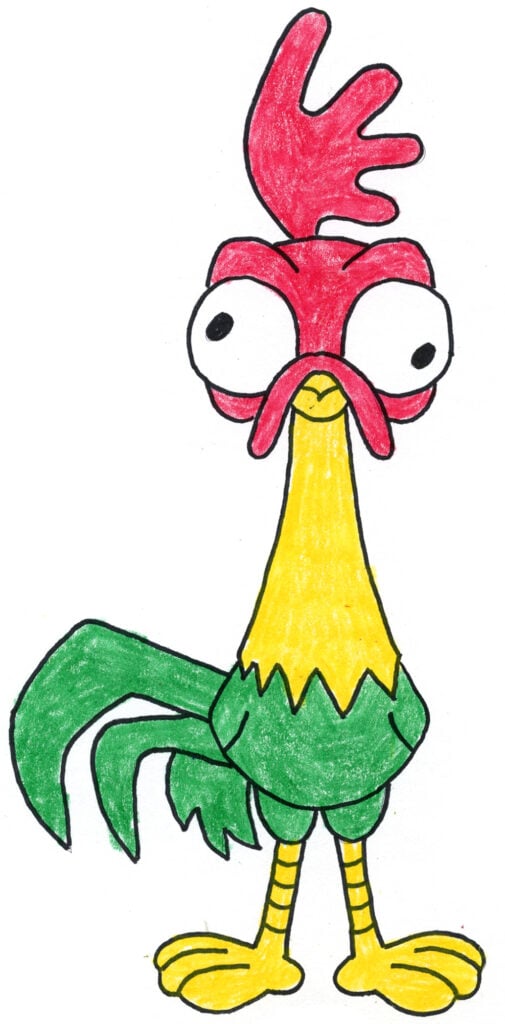 Finished Heihei drawing for an easy step-by-step art lesson for elementary students.