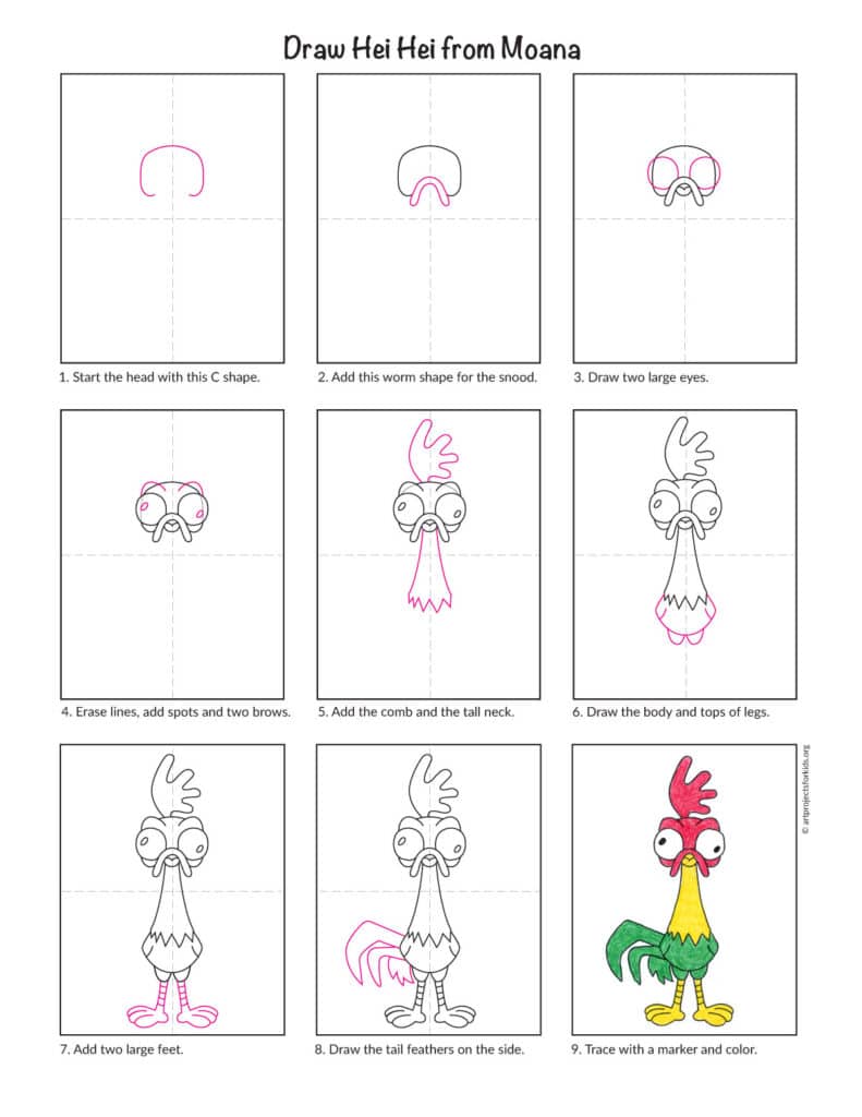 Preview of the Heihei drawing tutorial with simple step-by-step instructions for kids.