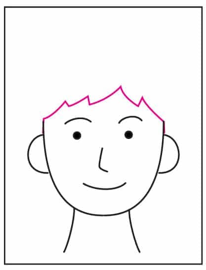 Step 3 of the self portrait tutorial showing how to draw a simple hairline across the forehead.