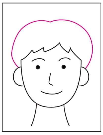 Step 4 of the Self Portrait Template lesson showing how to draw the outside shape of the hair.
