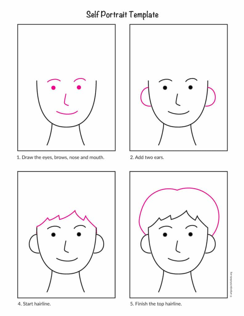 Preview of a Self Portrait Template tutorial showing an easy portrait drawing lesson for kids.