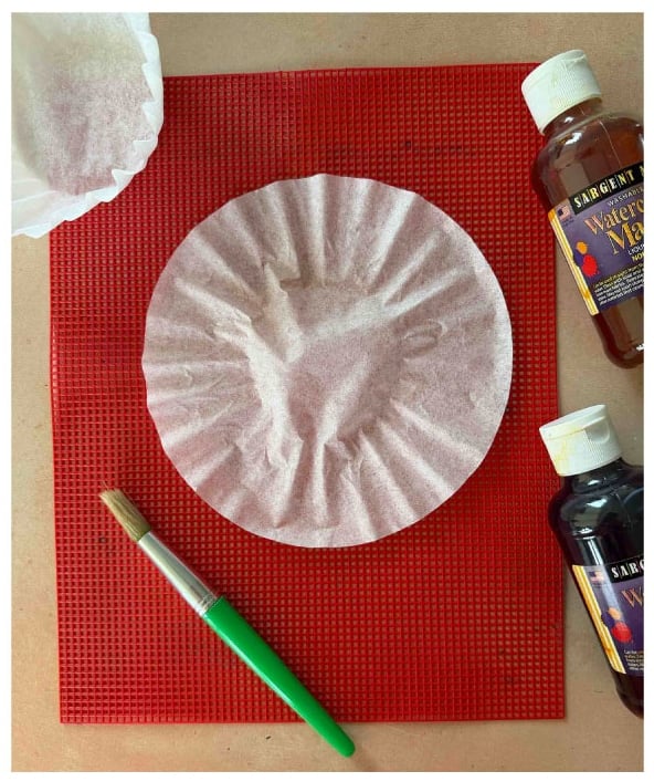 Coffee Filter Fall Tree Art supplies with coffee filters, paint and plastic mesh.