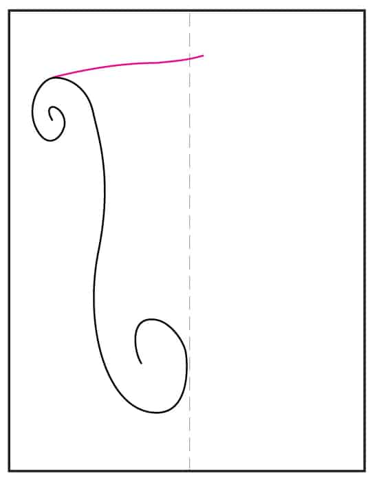 Constitution Drawing step 2 showing where to add a curved line to the scroll.