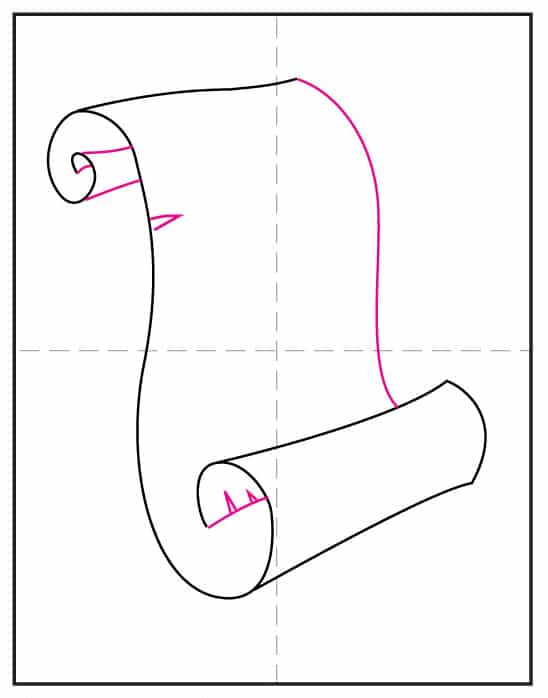 Constitution Drawing step 5 showing how to draw the side of the rolled scroll.