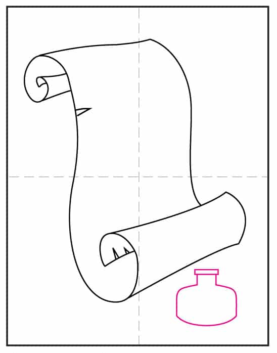 Constitution Drawing step 6 showing how to add an inkwell below the scroll.