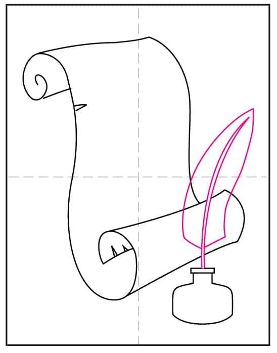 Constitution Drawing step 7 showing how to draw a feather inside the inkwell.
