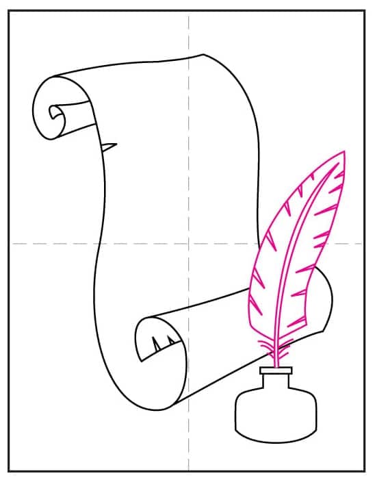 Constitution Drawing step 8 showing details added to the scroll, feather and inkwell.