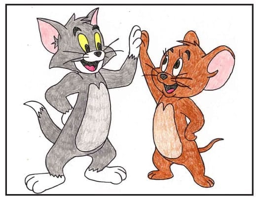 Trace and color the finished Tom and Jerry drawing using markers, crayons, or colored pencils