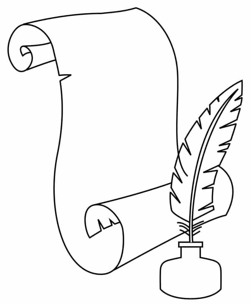 Constitution Coloring Page featuring a scroll, inkwell and feather for kids to color.