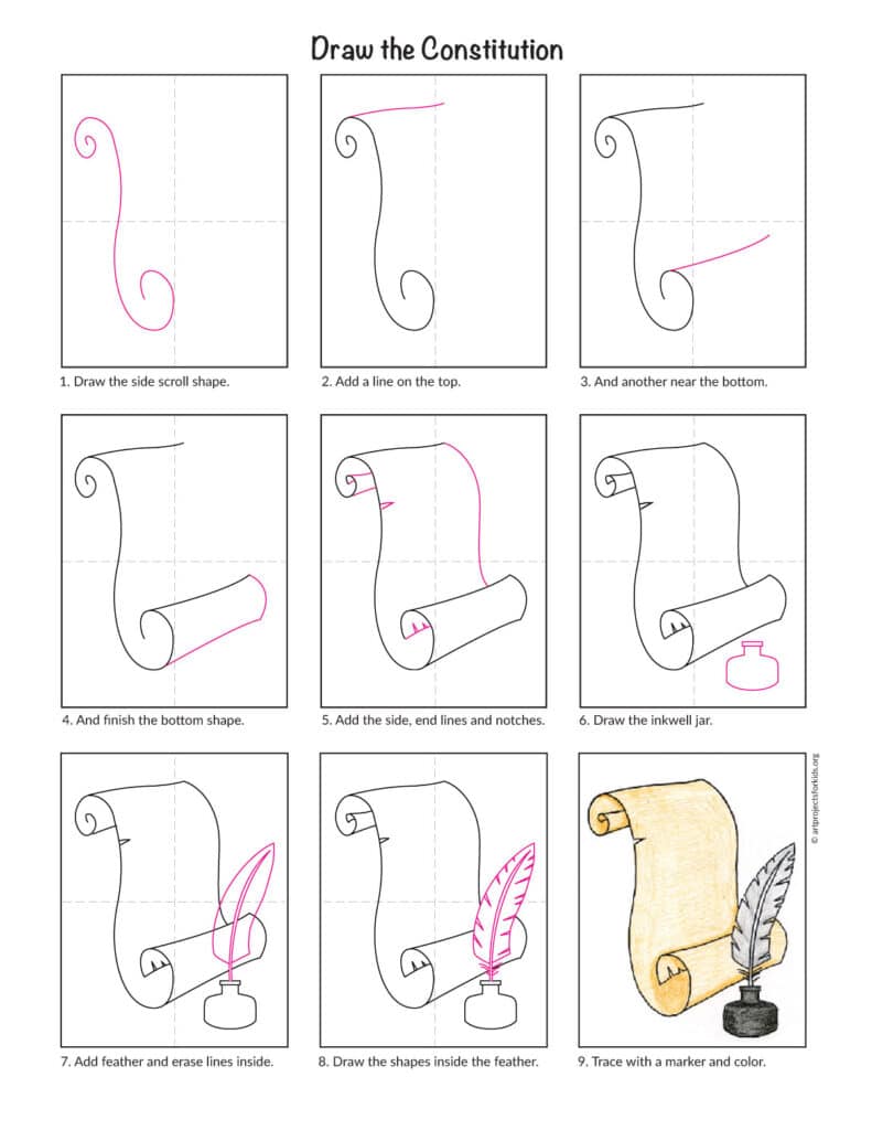 Constitution Drawing PDF tutorial preview with step-by-step directions for kids.