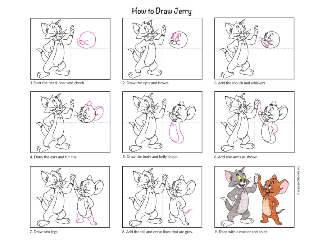 How to draw Jerry step-by-step tutorial page for an easy Tom and Jerry drawing lesson
