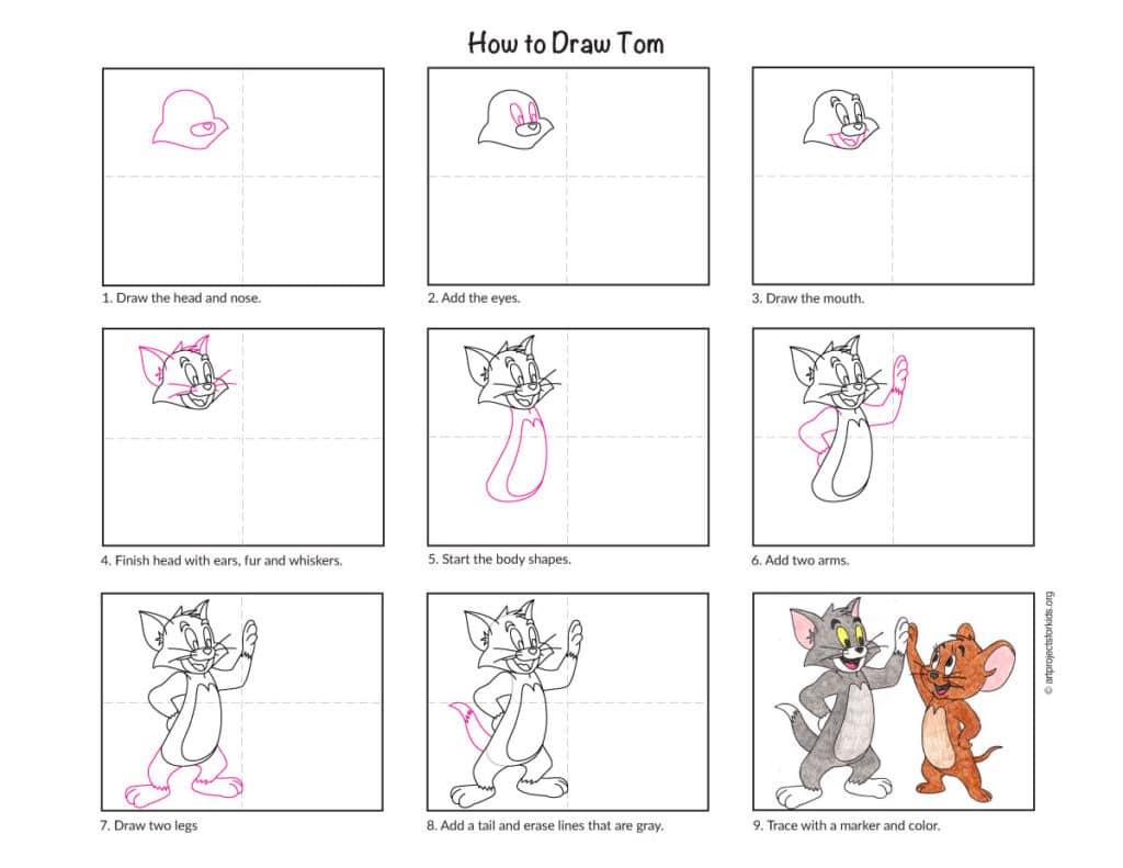 How to draw Tom step-by-step tutorial page for an easy Tom and Jerry drawing lesson