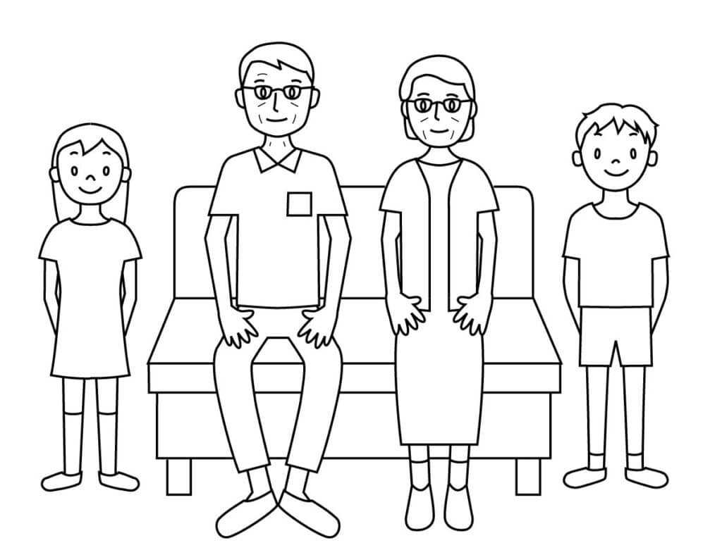 Grandparents Day coloring page with grandparents sitting on a couch and children beside them