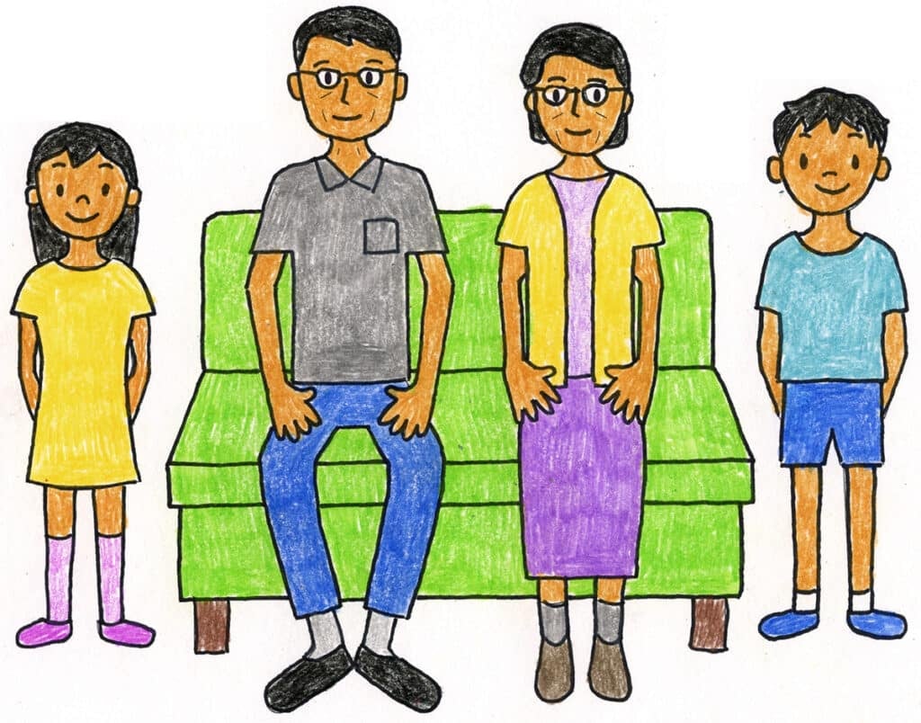 Grandparents Day drawing of grandparents on a couch with a young boy and girl