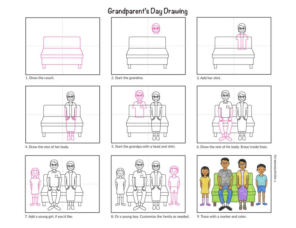 Grandparents Day drawing tutorial showing the step-by-step family portrait