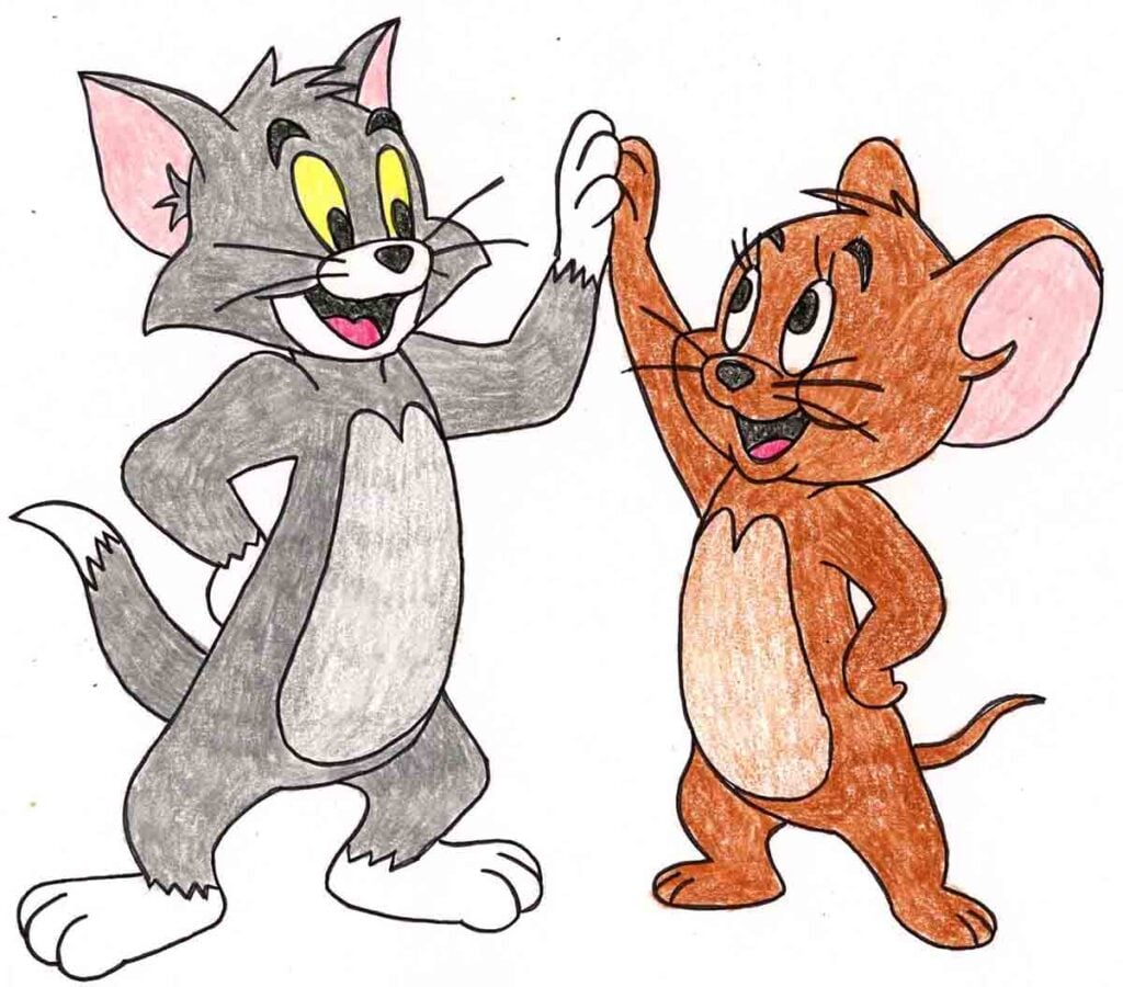 Tom and Jerry drawing of the cartoon characters high fiving in an easy art lesson for kids