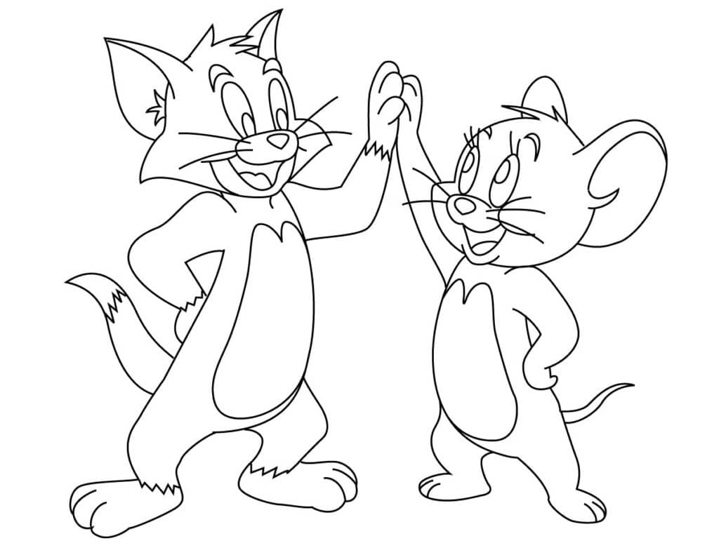Tom and Jerry coloring page featuring the cartoon characters high fiving